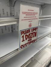 Despite a limit of one dozen eggs per customer, Trader Joe’s shelves were stripped bare on Feb. 16. The store promised more eggs were on the way and a sign said it was “no yolk.”