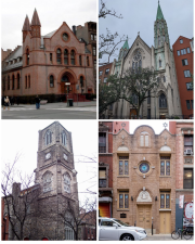 Clockwise: Ebenezer Gospel Tabernacle Christian Mission in Harlem, St. Paul’s German Evangelical Lutheran Church in Chelsea, Kehila Kedosha Janina Synagogue and Museum on the Lower East Side, and St. Peter’s Chelsea.
