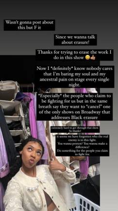 Laila Erica Drew responded to the protest online, discussing how “Suffs” is “one of the only shows on Broadway that addresses Black erasure.”