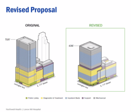 Original and revised plan concepts for the Lenox Hill Hospital redevelopment.