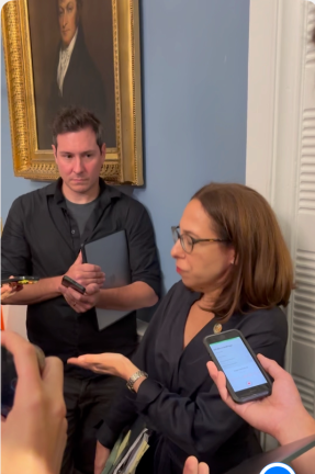 Lisa Zornberg answering questions at a Mayor Eric Adams press conference when she was still chief legal counsel to Adams and the city council. She would resign only days later.