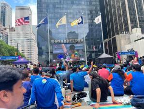 Fans from all nations flock to a watch party at the Oculus on June 29 to witness the world championship of Cricket. The final featured India vs South Africa but the US team made a strong showing beating Pakistan before getting eliminated. Photo: Maksuda Aziz