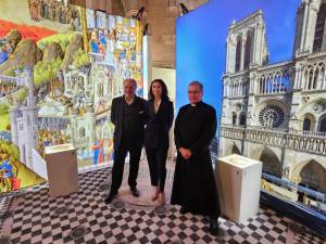 Left to right: Édouard Lussan, co-founder and production director of Histovery; Asia Laird, managing director of Histovery U.S.; and the Very Rev. Patrick Malloy, dean of the Cathedral Church of St. John the Divine.