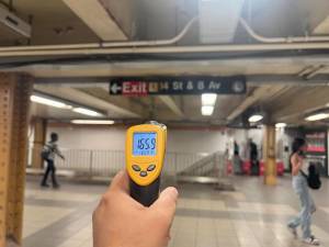 Our intrepid reporter found at one point, the temperature in one notoriously hot spot on the subway platform at the 14th St. and Eighth Ave. station reached a sweltering 165.9°F according to her hand held thermometer.