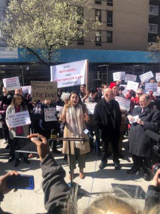 <b>NYS Senator Kristen Gonzalez (center at mic) at a March 24 rally protesting Mount Sinai’s plan to close Beth Israel.</b> Photo: Keith J. Kelly