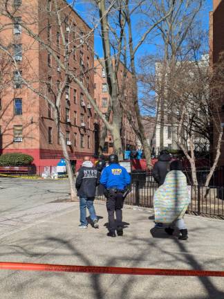 Cops at the crime scene at 384 Madison St. in the Vladek NYCHA apartments on the Lower East Side on the morning of Feb. 18.