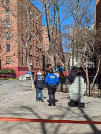 Cops at the crime scene outside 384 Madison St. on the day of the shooting, Feb. 18.