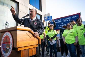 Gary LaBarbera, president of the Building and Construction Trades Council at a rally on Oct. 23 supporting the $12 billion plan by Related to build a casino and hotel on Hudson Yards West. He says it will create 30,000 union construction jobs. Friends of the High Line say it will wreak havoc with the nearby public park.