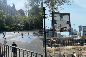 Brand new pickle-ball courts at the UES’s Carl Schurz Park, contrasted with some aging basketball infrastructure a stone’s throw away.
