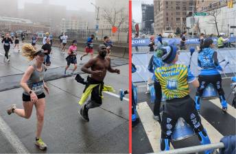 Left: Runners on the FDR Drive; Right: Fogo Azul NYC Bateria drum corps drives runners on at East 42nd Street and First Avenue.