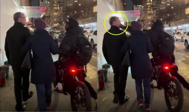 British tourists are confronted by e-biker on E. 69th St. after an altercation in the intersection on Third Ave. which the couple was crossing in order to meet friends at a restaurant. The biker drove his unregistered vehicle onto the sidewalk, threatened the couple then bashed the man in the face, giving him a bloody nose.