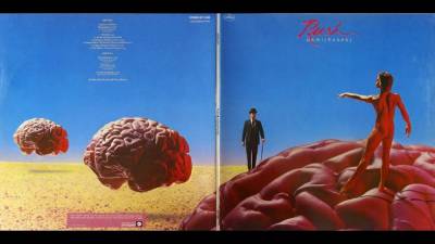 Rush Hemispjheres (1978): Brain-centric gatefold album cover by Canadian art / prog rockers. Original cover design by graphic artist Hugh Syme. Photo: Mercury Records