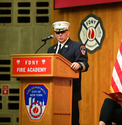 Anthony Saccavino, 59, pictured addressing the FDNY before he actively retired. He’s pleaded guilty to federal bribery charges stemming from his time heading the Bureau of Fire Prevention.