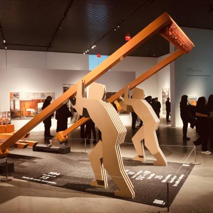 The exhibit at The Shed is meant to recall the construction of the original “gates” that stretched for 23 miles on the paths of Central Park in 2005.