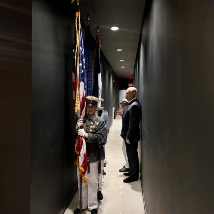 The Knickerbocker Greys, who are now allowed back into their historic home at the Park Avenue Armory, led a color guard presentation to start the State of the District address by Assembly member Alex Bores. He had sponsored legislation to let them back into the Armory.