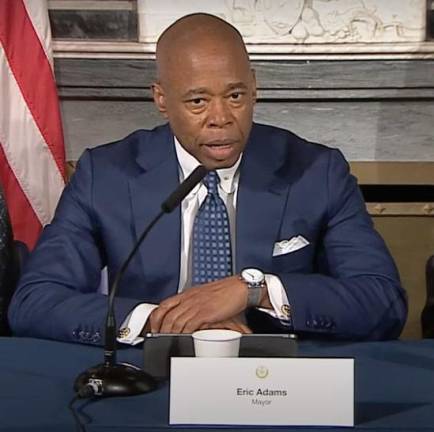 Mayor Eric Adams, pictured during an October 10 Q&amp;A session at City Hall.