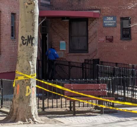 Entrance to 384 Madison Street, Vladeck Houses building where ESU officer was shot Feb. 18, 2025.