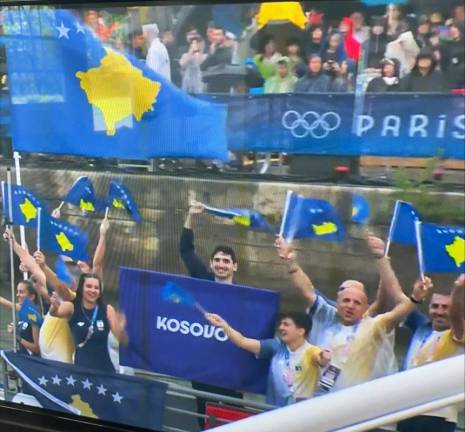 <b>Pictured is Sabovic at the Opening Ceremony for the 2024 Paris Olympic Games, representing Kosovo with the handful of athletes the small Balkan country brought. </b>