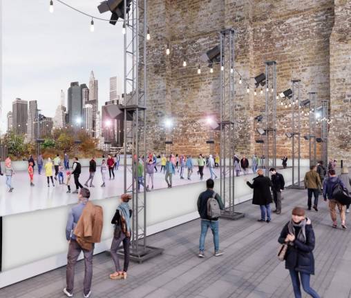 A digital rendering of Glide at Brooklyn Bridge Park, a skating rink that is set to open on November 15.