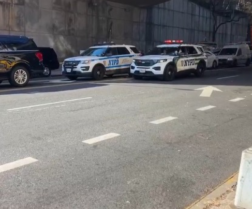 Police cars near the site of one of multiple knife attacks on First Ave. near 42nd St., reportedly committed by one suspect on Nov. 18. A 36 year old woman who has an eight year old child was killed near this intersection by the alleged crazed knife wielder.