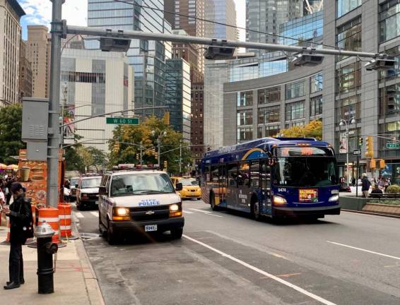 Overhead congestion pricing monitors, seen here near W. 60th St., are already installed on many Manhattan streets and are expected to go live sometime next spring. Photo: Ralph Spielman