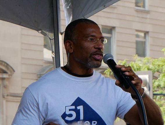 Lifelong birder Christian Cooper has encounter with “Central Park Karen” three years ago went viral, has landed a series with National Geographic and has a book out this months from Random House. He’s seen here speaking at a voting rights march. Photo: Wikimedia Commons