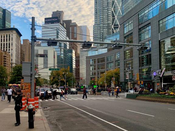 The congestion pricing toll cameras remain “on” until ruled otherwise, said Gov. Kathy Hochul. The above photo shows the cameras at Columbus Circle on the west side.