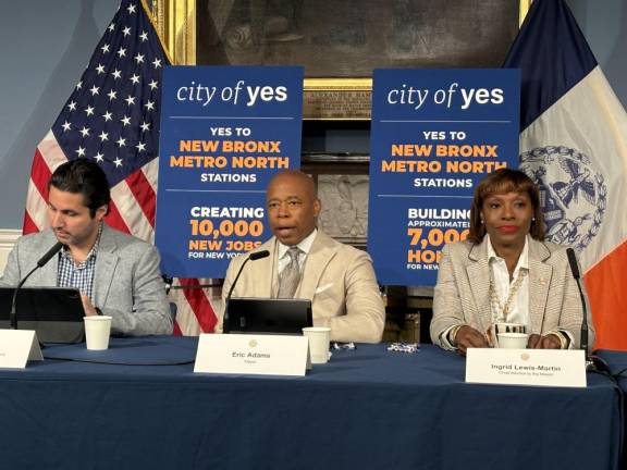 Mayor Eric Adams (center) insisted he was a “soldier” in the bid to get VP Kamala Harris elected president and insisted he did not seek a speaker’s slot at the Democratic National Convention. To his left is deputy mayor of communications Fabien Levy and to the right deputy mayor Ingrid Lewis-Martin. She insisted there was “no snubbing of the mayor” when he did not get a speaking role in the DNC.