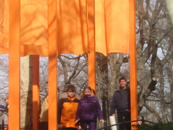 The writer’s children, Luke and Meg Merkl, at the original <i>Gates</i> exhibit in Central Park in 2005.