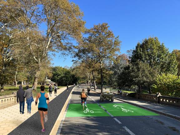 This picture shows the option of having a raised pedestrian-runner sidewalk, divided by two kinds of surfacing.