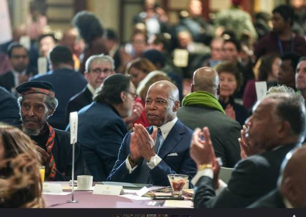 Deliver us from Evil? Mayor Eric Adams at the Interfaith Prayer Breakfast that he hosted on Jan. 30. In one of his first public appearances since he cancelled public events for three days due to an undisclosed health problem, he delivered a defiant rebuke to critics and said he is not resigning.