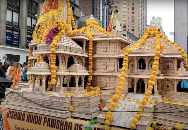 Detail of the controversia Ram Mandir float.