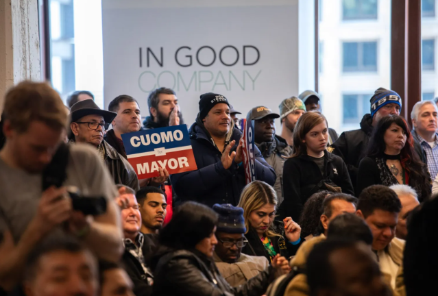 Union members pack into a New York City District Council of Carpenters headquarters in SoHo for former Governor Andrew Cuomo’s mayoral campaign kickoff speech, March 2, 2025.