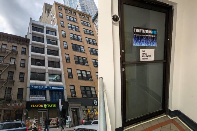 Left: 108 Greenwich St, Whiskey Blue, “A Hidden Gem,” closed on second floor. Right: TempationsNYC sixth-floor entrance. March 1, 2025.