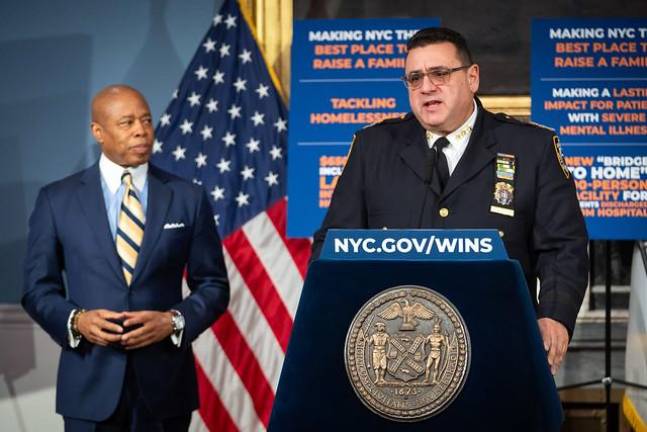 Chief of Transit Joseph Gulotta appears at a City Hall press conference with Mayor Adams to detail NYPD plans for two policemen on every subway train for the next six months between 9 p.m. and 5 a.m.