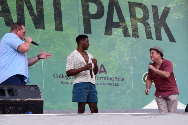 Ben Jeffrey, Gilbert Domally, and Jim Ferris performed “Hakuna Matata” from “The Lion King” at Disney on Broadway’s 2024 Broadway in Bryant Park concert.