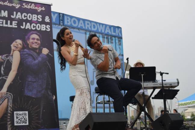 Siblings Arielle Jacobs and Adam Jacobs shared lively anecdotes, accompanied on the keyboard by Justin Ramos, at Broadway by the Boardwalk.