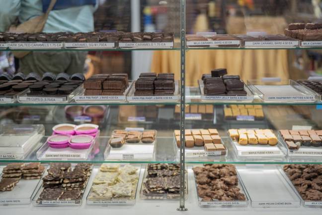 The glass display at the front of the store with over 20 varieties of chocolates.