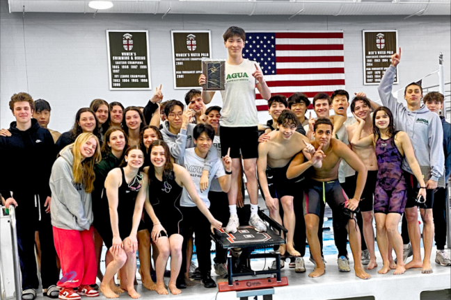 <b>Asphalt Green swimmers come together after winning the team championship title at the sectional championship held recently at Brown University.</b> Photo: AGUA Swimming Team).