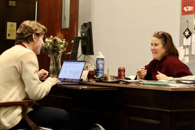 Kim Smith meets with the Student Leadership Council president Lenny Mannino, Class of 2022. Photo courtesy of Xavier High School