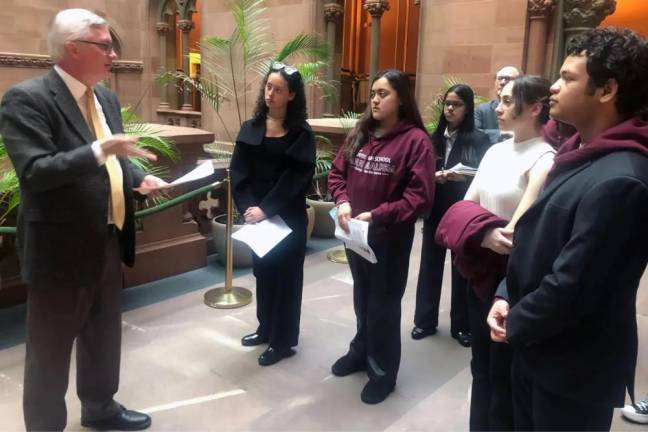 <b>Student journalists speak with state Sen. Brian Kavanagh whose district includes Hell’s Kitchen and Chelsea in Albany about a bill he sponsored to strengthen press freedom, Feb. 28, 2023.</b> Photo: Courtesy of Student Press Law Center