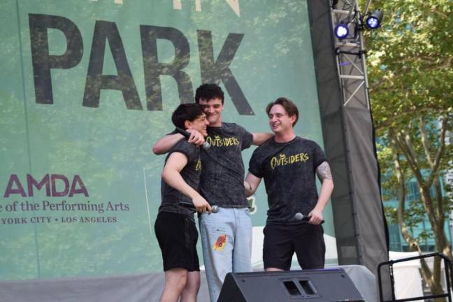 Trevor Wayne, Dan Berry and Victor Carrillo Tracey performed “<i>Throwing in the Towel</i>” from “<i>The Outsiders</i>” at 2024’s final Broadway in Bryant Park concert.