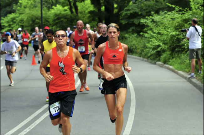 Marisa Galloway (right), who was slain by her ex-mother-in-law on July 26 in a murder/suicide, is seen racing in Central Park as a member of the Central Park Track Club.