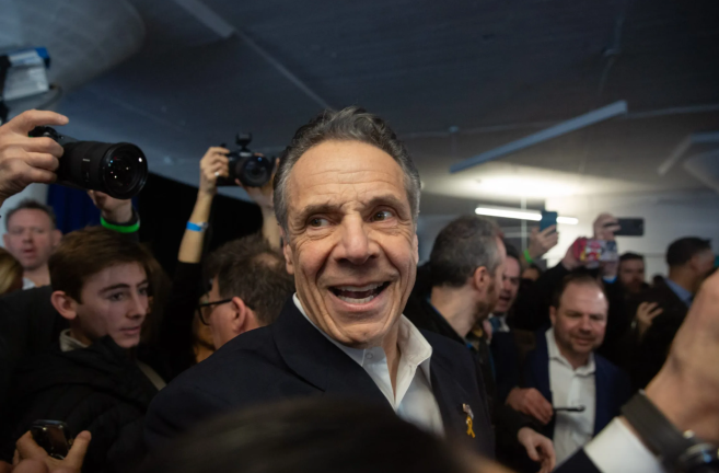 Former Governor Andrew Cuomo shakes hands with supporters after holding his mayoral campaign kickoff at a carpenters union headquarters in SoHo, March 2, 2025.