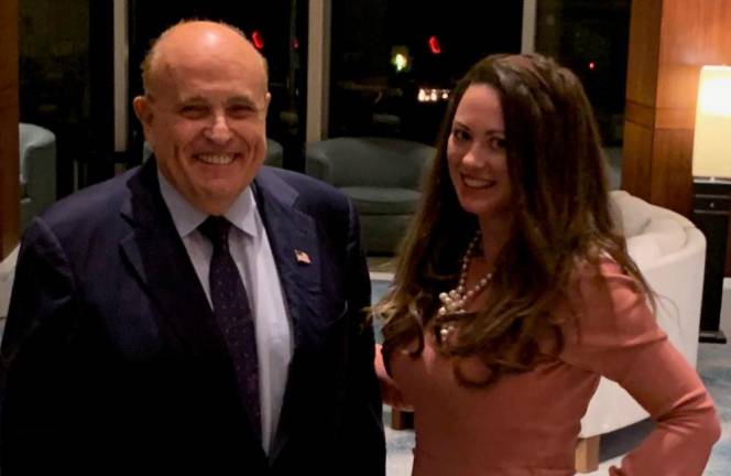 Noelle Dunphy (right) claimed she helped set up Giuliani’s podcast business, became a lover and then in a civil law suit said she was sexually harassed by him. She is on the creditor’s committee.