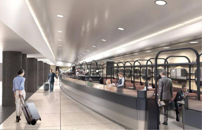 A rendering shows the space inside the curving grey tiles which form the outside boundary of the second location of Tracks Raw Bar &amp; Grill. Photo: Courtesy of MTA/Tracks Bar &amp; Grill/Bruce Caulfield