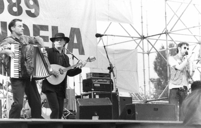 Pogues frontman Shane MacGowan (far right) played with James Fearnley (far left) and Terry Woods, who are two of the surviving members of the band. Father Pat Gilbert, who spoke at MacGowan’s funeral, said Shane and the Pogues “made it cool” to play the tin whistle, the banjo and the accordion. “The music and the lyrics were tremendous and Shane was the master of them all,” he said.