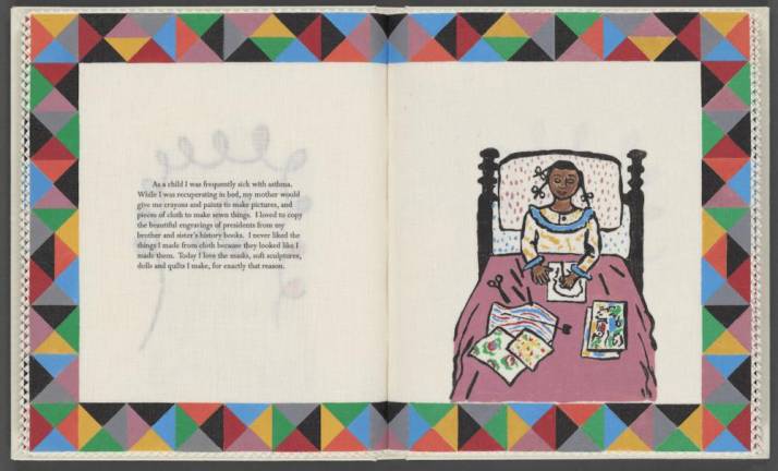 Faith Ringgold’s “Seven Passages to a Flight,” an illustrated book on linen, featuring nine etchings with hand additions is part of “Line &amp; Thread: Prints and Textiles from the 1600s to the Present” at the New York Public Library.