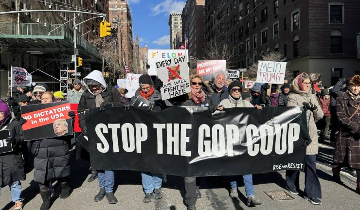 The front line of the marching protestors on President’s Day as they made their way from Union Square to Washington Square Park on Feb. 17.