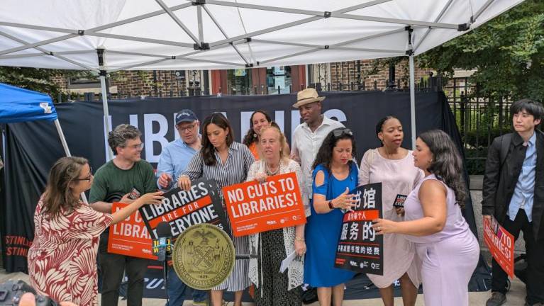 After the rally, a group photo, though some participants had already drifted away. Left to right council members include: Lincoln Restler, Justin Brannon, Carlina Rivera, Gale Brewer, Alexa Avilés, Rita Joseph, Jeniffer Gutierréz.